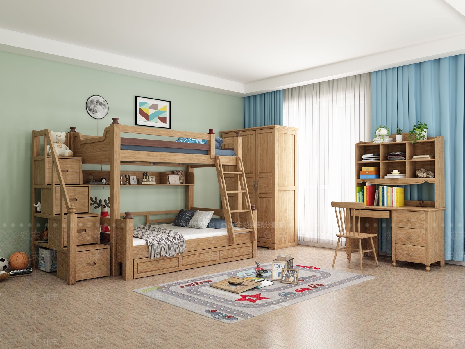 美式儿童卧室子母床3D模型下载【ID:741313126】