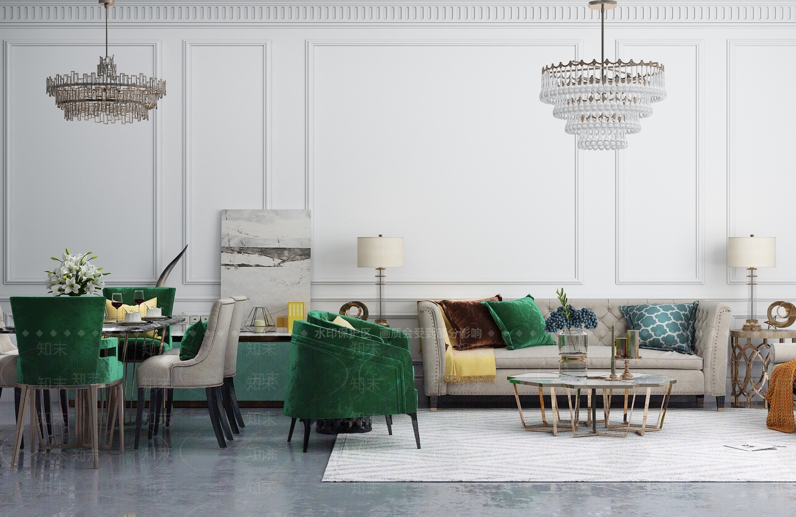 现代轻奢沙发茶几餐桌电视柜组合模型3D模型下载【ID:141316079】