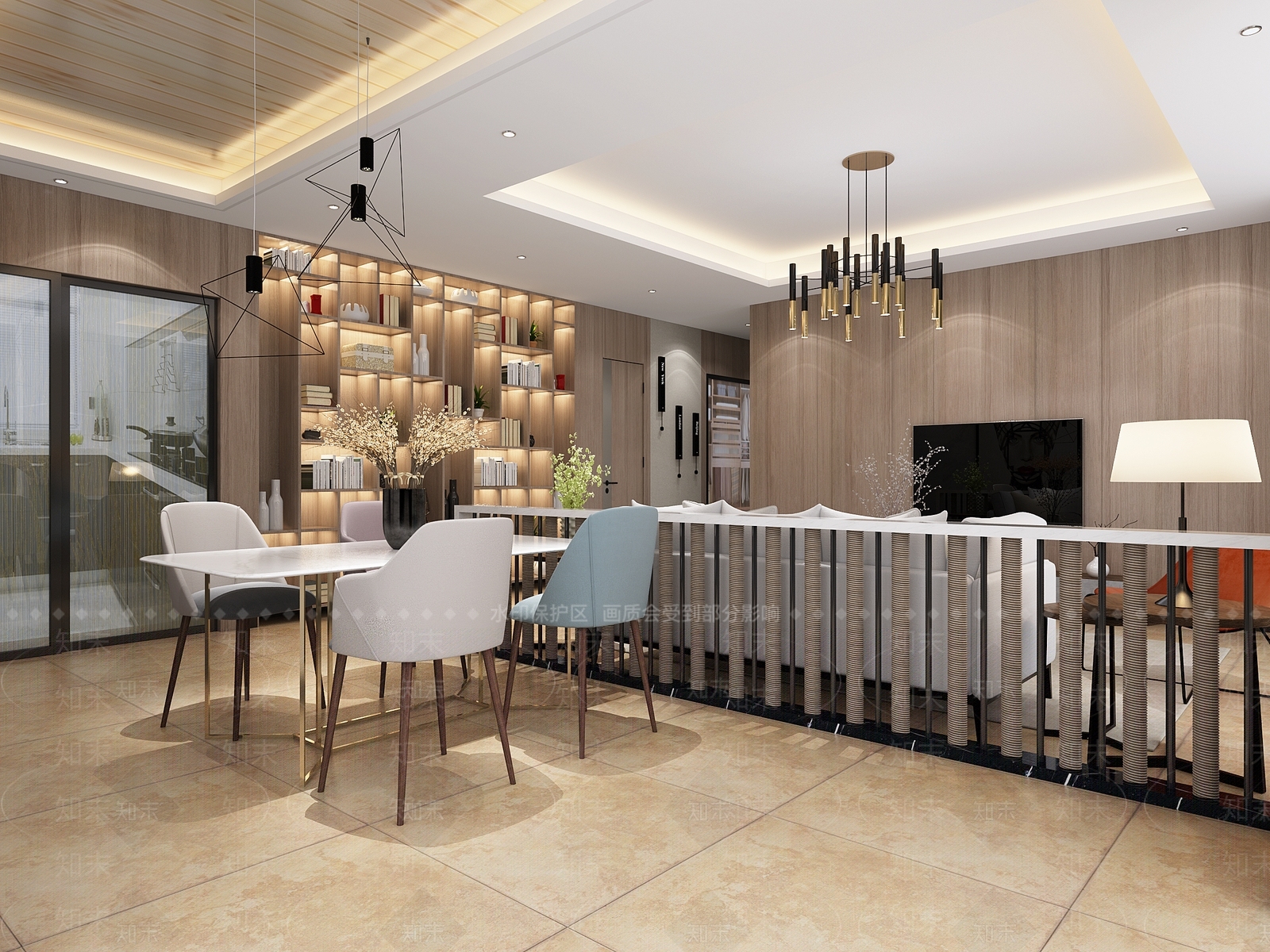 现代客餐厅工业书柜沙发3D模型下载【ID:741320766】