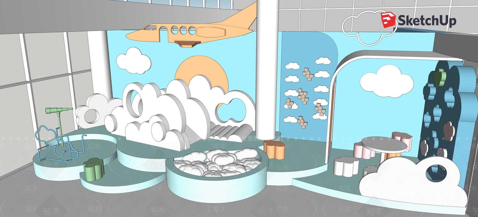 儿童飞机主题室内游乐空间SU模型下载【ID:941340055】
