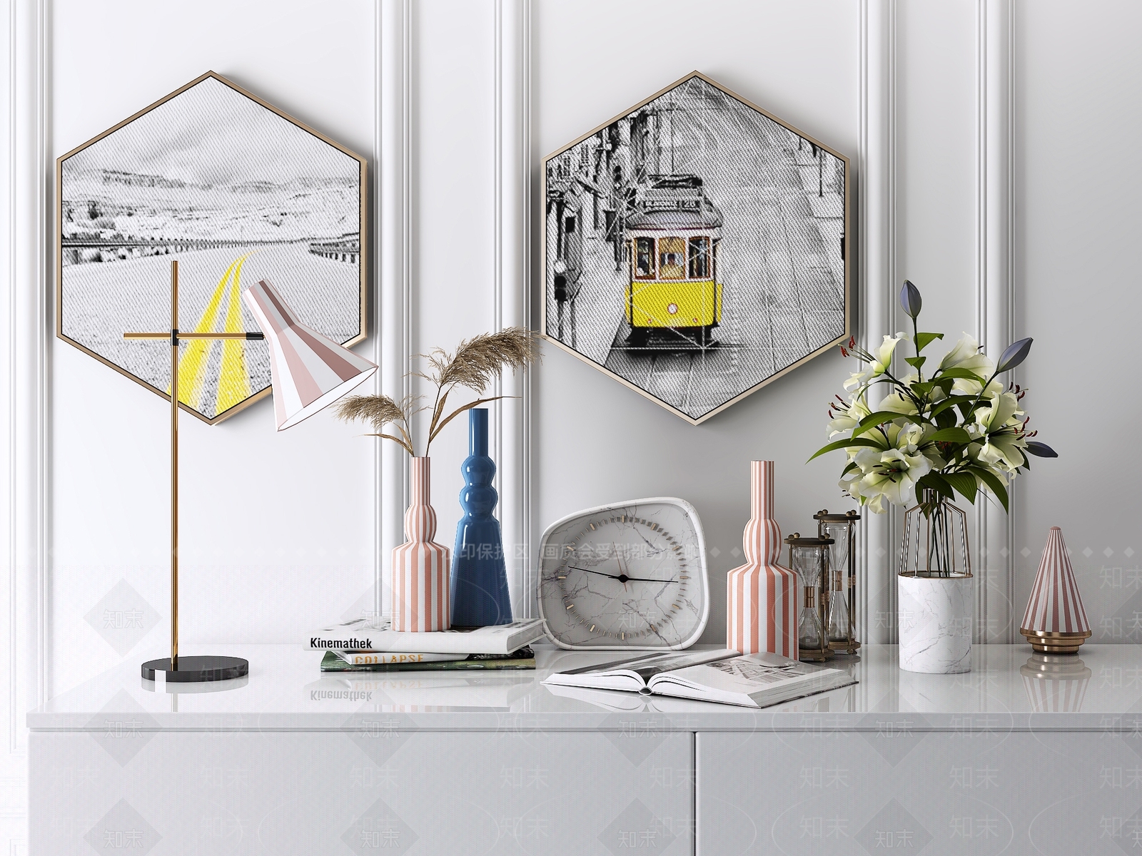 北欧钟表绿植台灯挂画小摆件3D模型下载【ID:641365505】