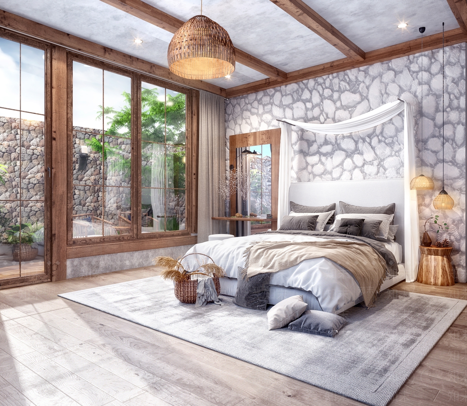 美式自然风民宿卧室客房3D模型下载【ID:441378343】