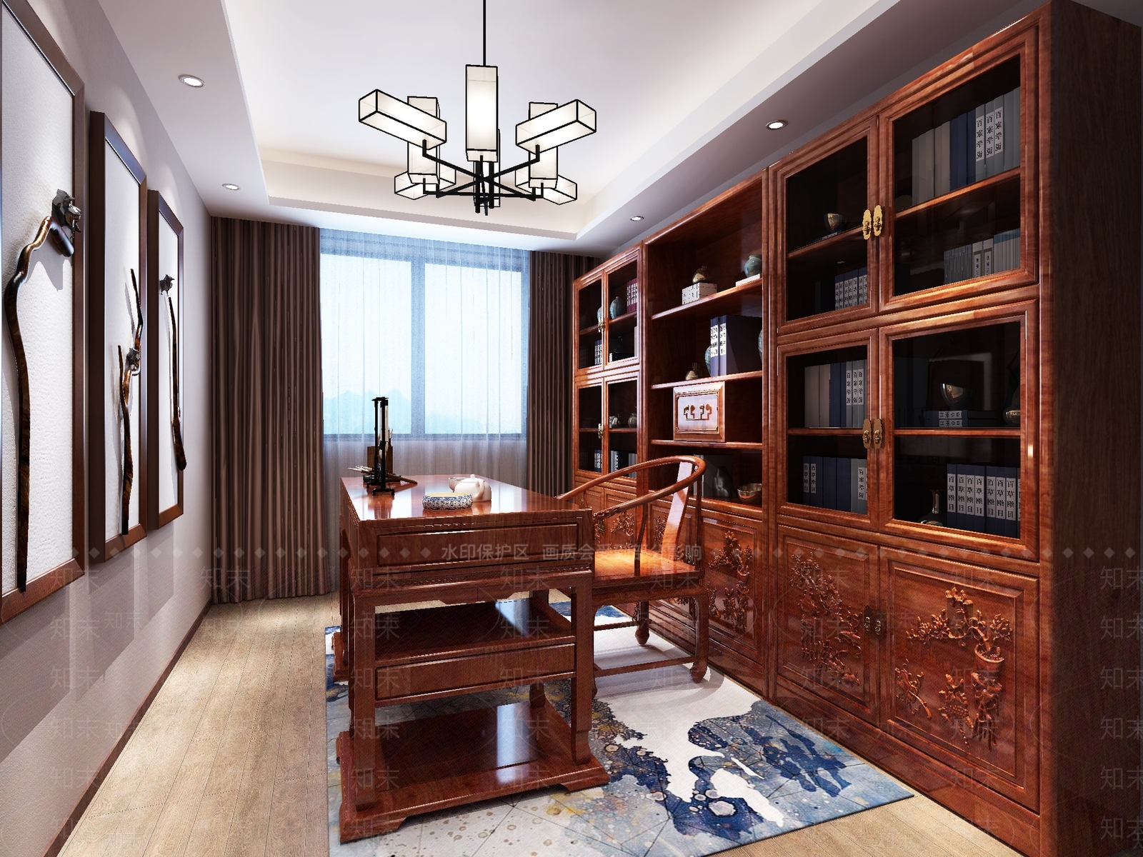 中式书房书桌椅书柜组合3D模型下载【ID:541381621】