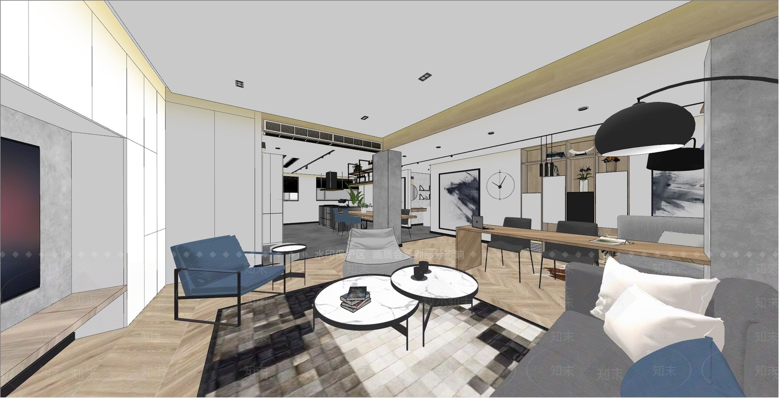 现代两房两厅室内模型SU模型下载【ID:941381891】