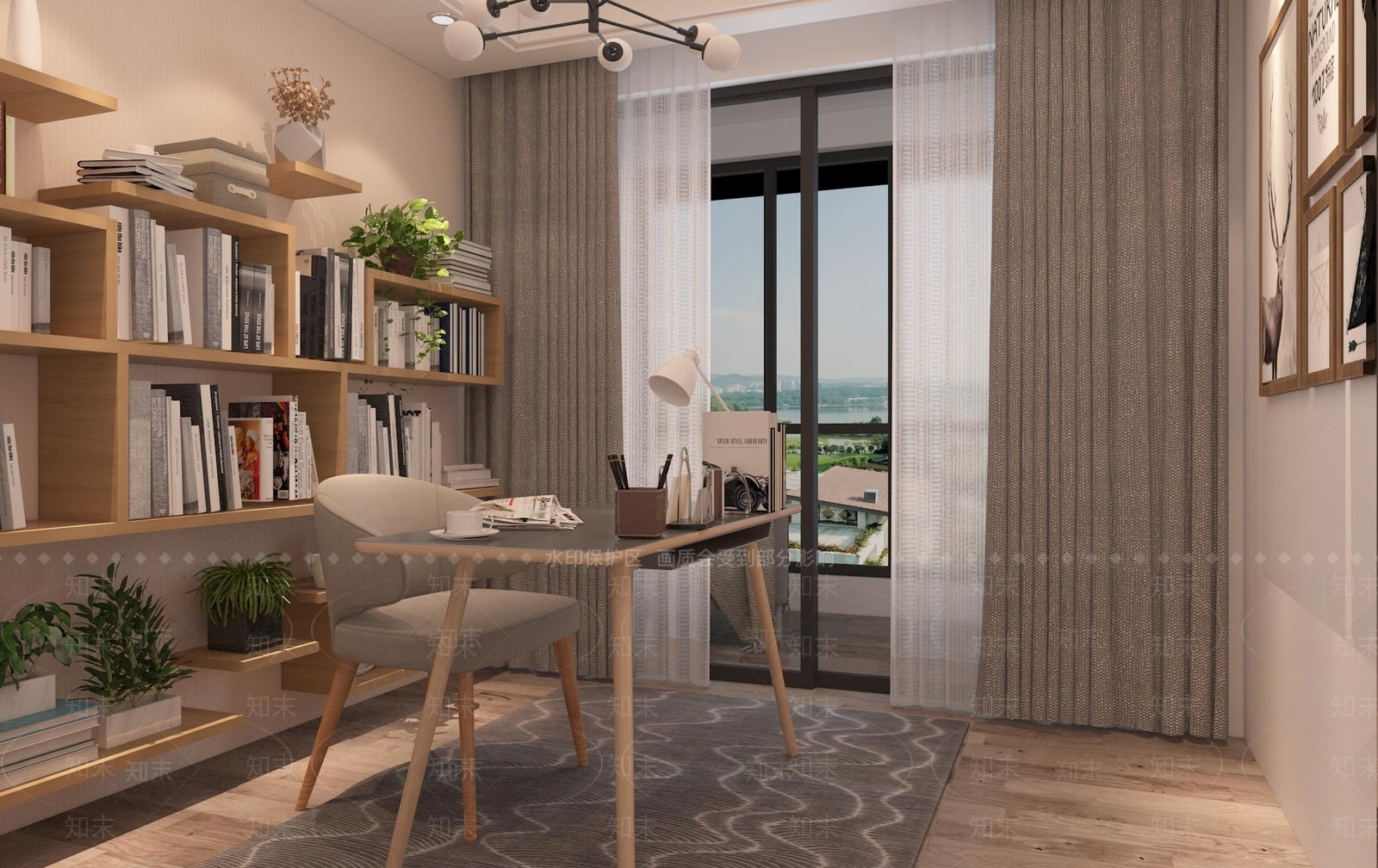 北欧书房书架书桌3D模型下载【ID:541381680】