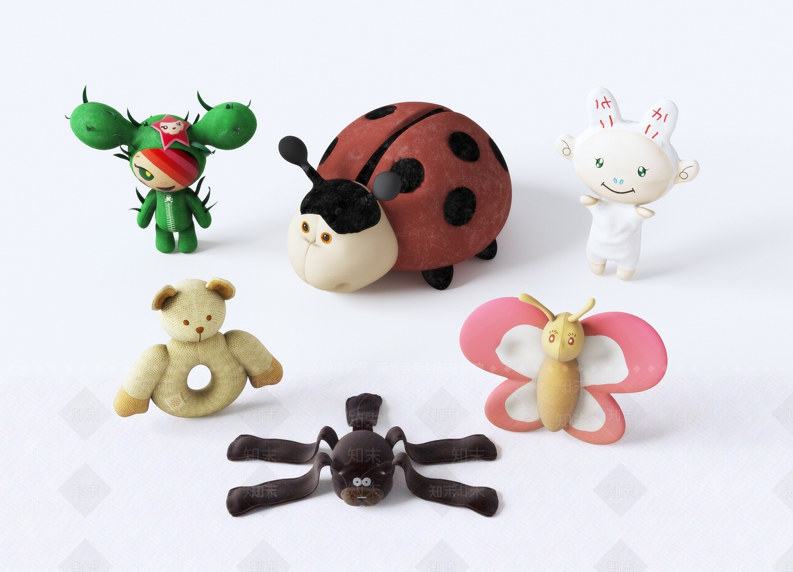 现代卡通动物玩偶布娃娃组合3D模型下载【ID:541382406】