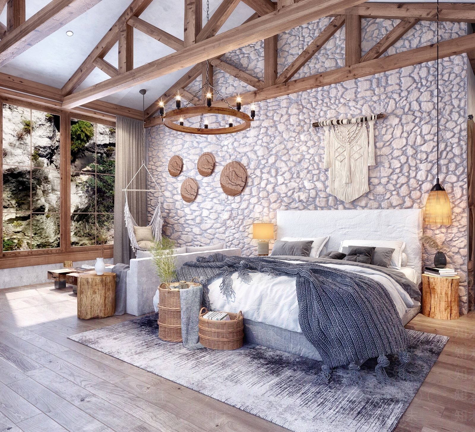 美式自然风民宿卧室客房3D模型下载【ID:441382387】