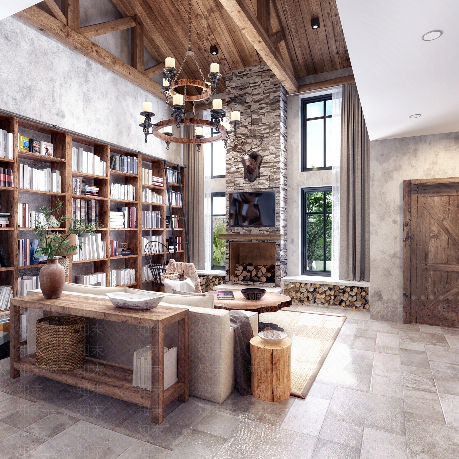 美式自然风民宿客厅壁炉接待区3D模型下载【ID:741382898】