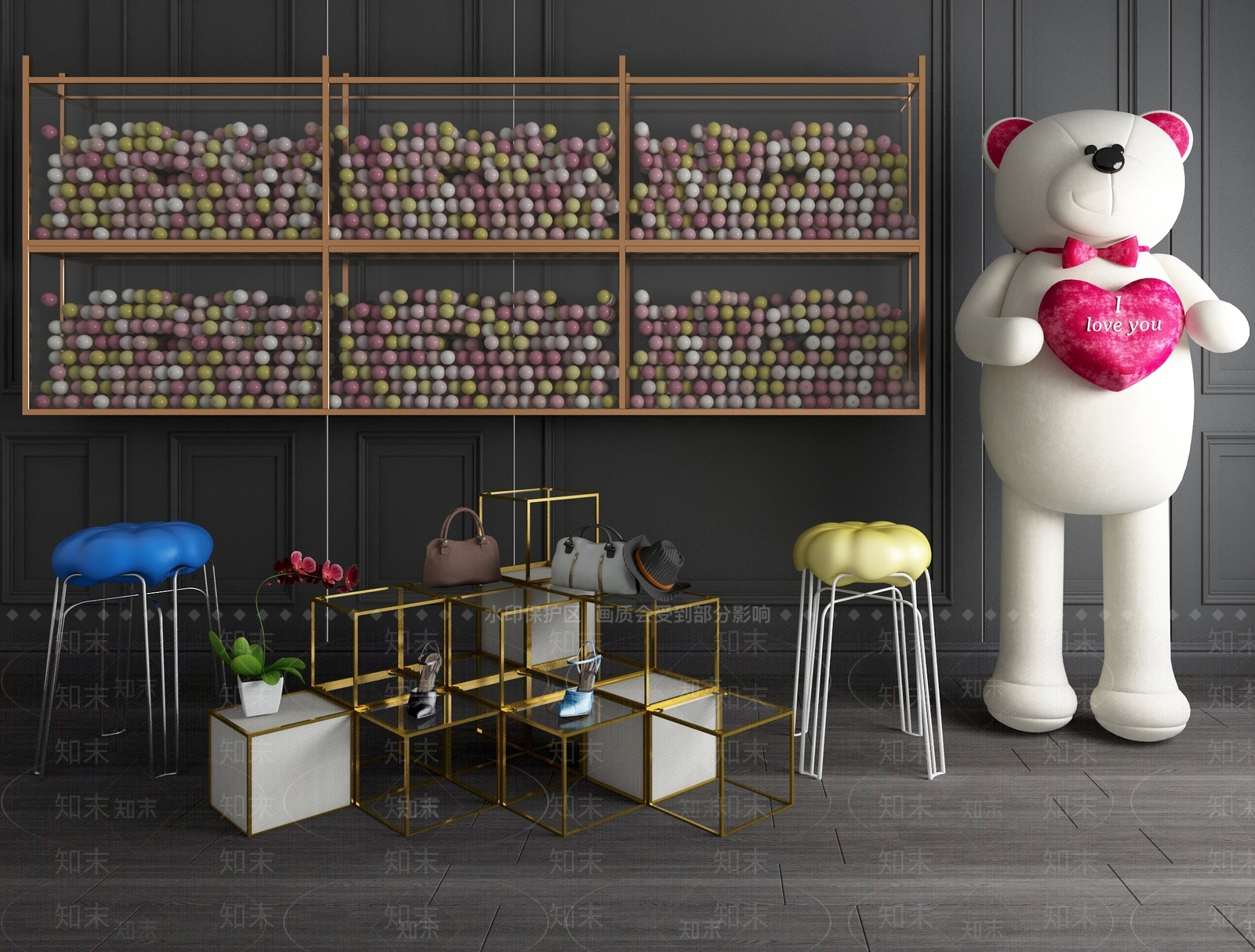 现代金属装饰架毛绒玩具椅子海洋球组合3D模型下载【ID:541383347】