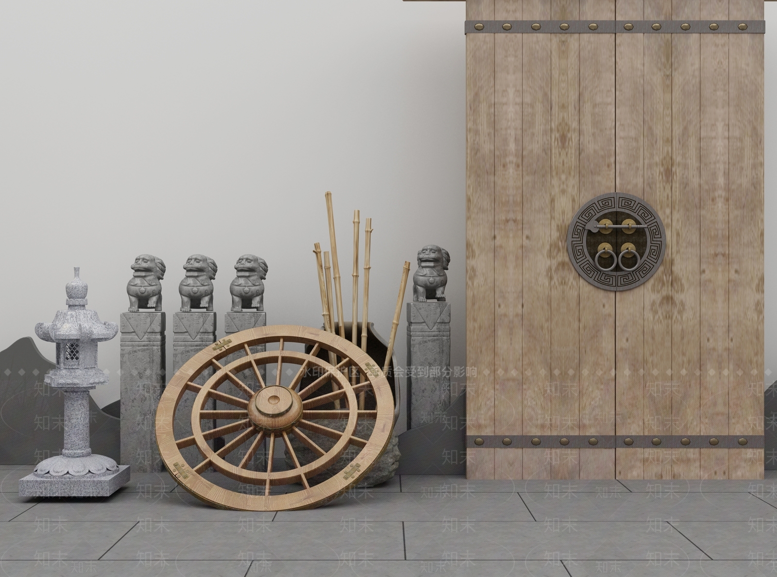 中式庭院景观小品石灯车轮拴马桩客栈实木大门3D模型下载【ID:441384400】