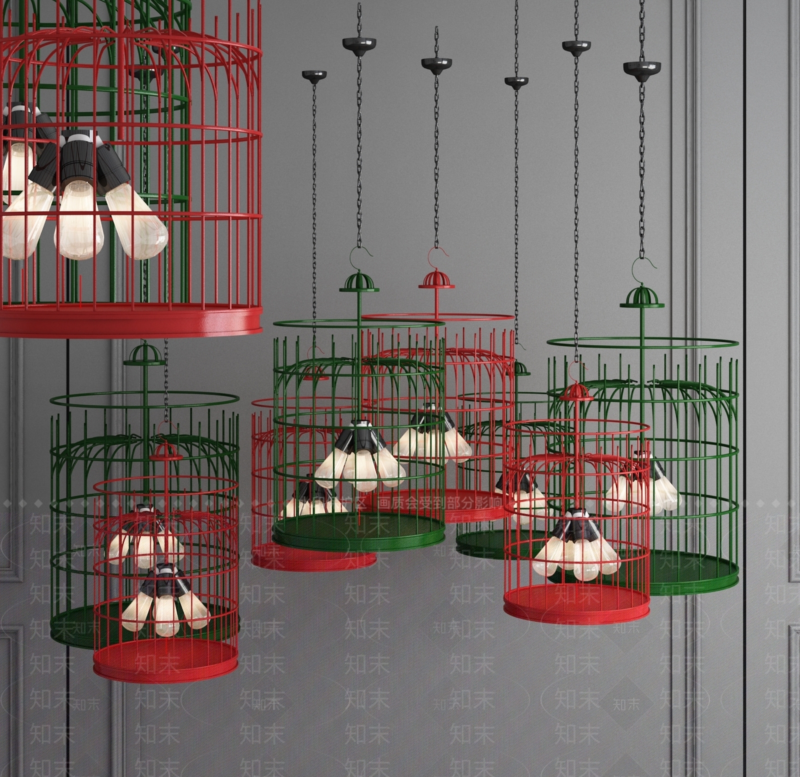 新中式金属鸟笼吊灯3D模型下载【ID:541388892】