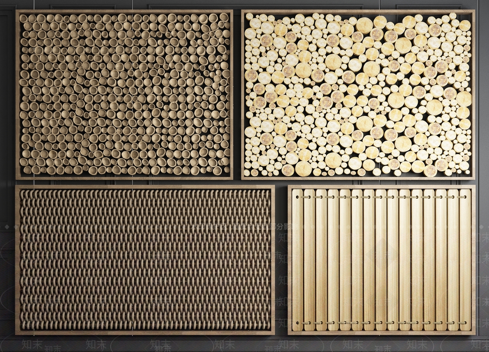 新中式竹子木头麻绳屏风背景墙隔断3D模型下载【ID:141394115】