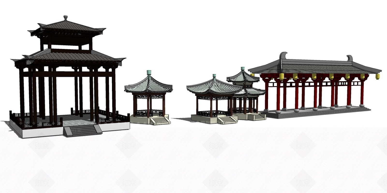 中式古典亭子廊架SU模型下载【ID:441394835】