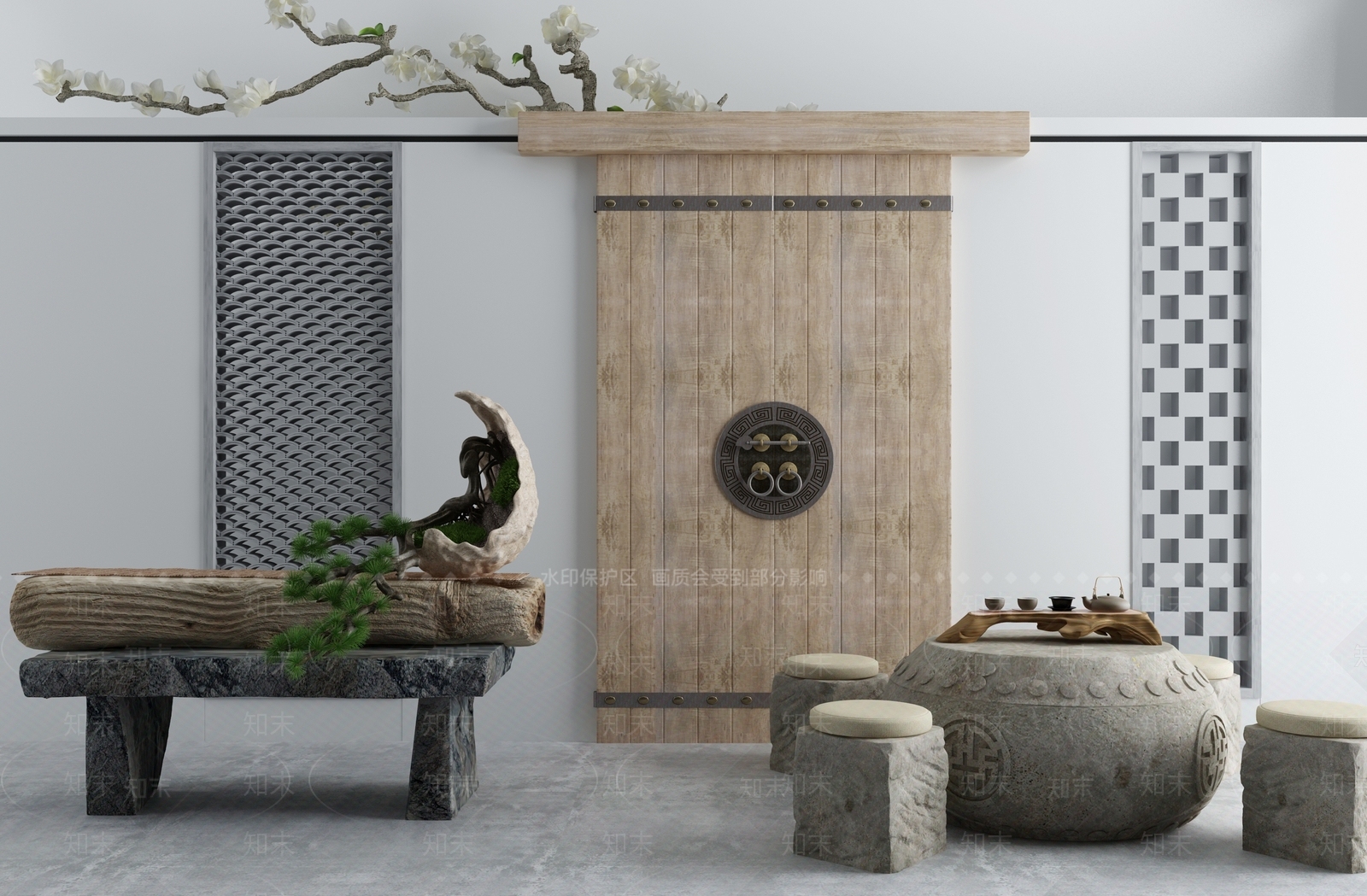 新中式庭院假山景观小品水景枯山水石禅意小品实木大门户外石凳子3D模型下载【ID:441397471】