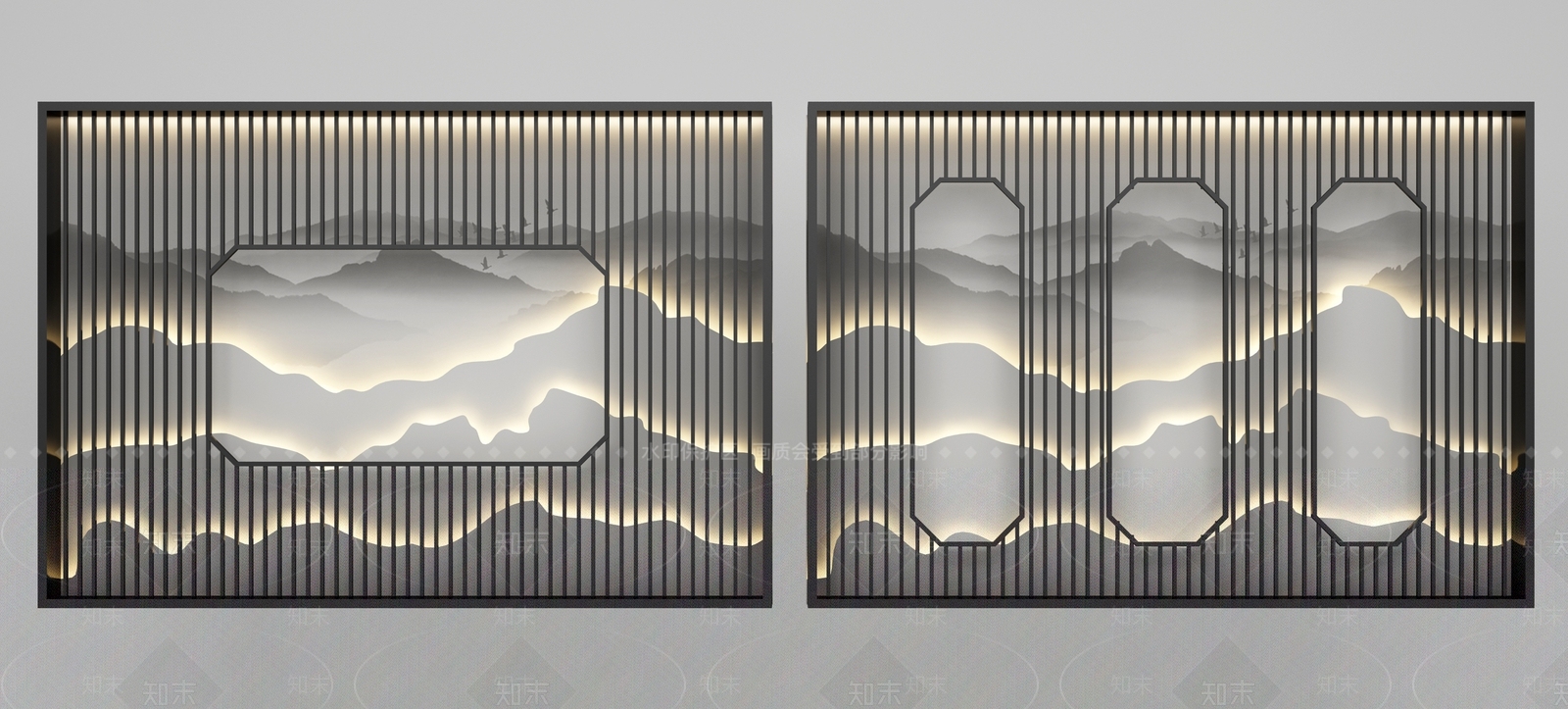 新中式花格山水背景墙3D模型下载【ID:941406912】