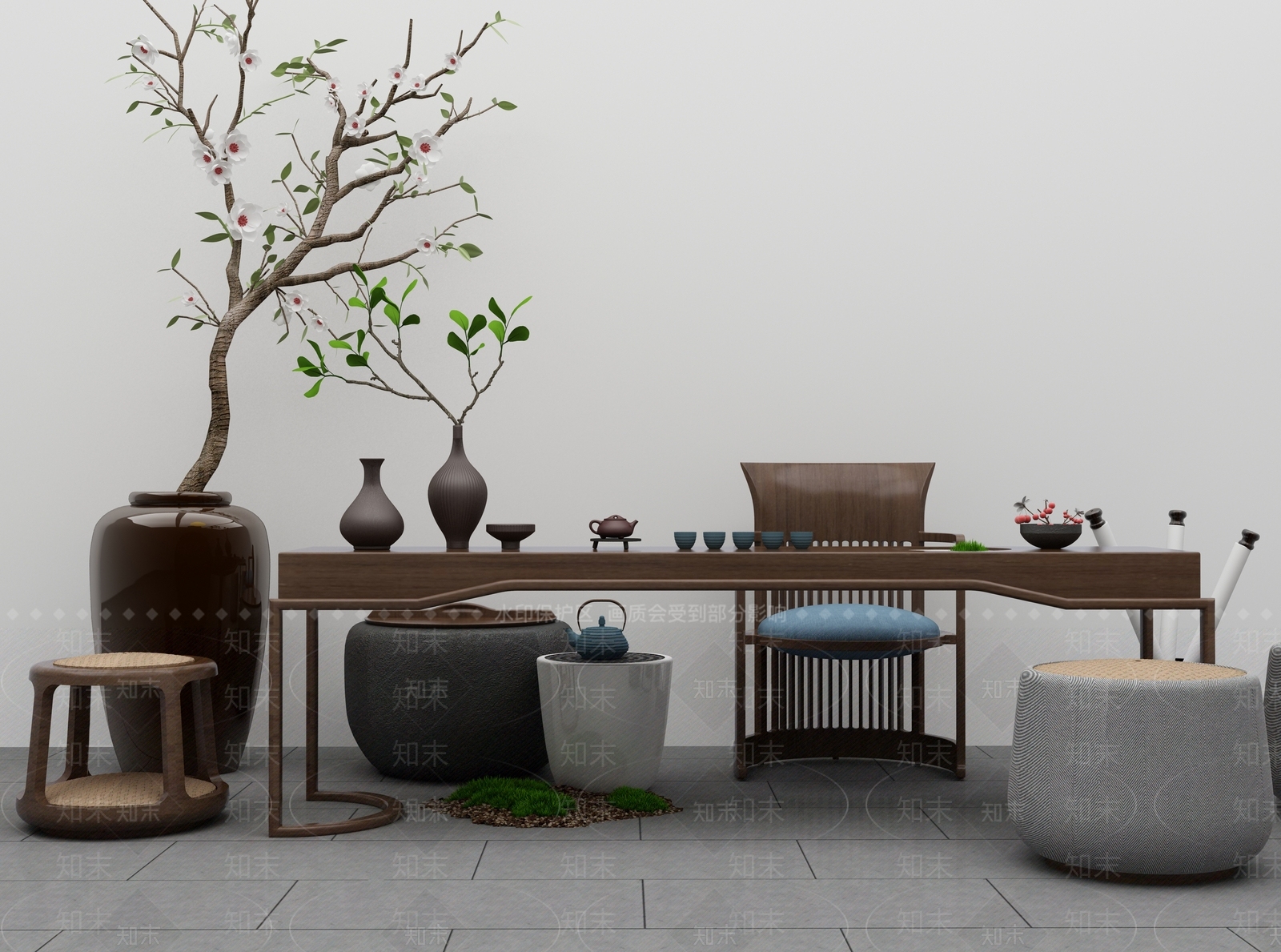 新中式茶室书房样板间品茶区3D模型下载【ID:141424942】