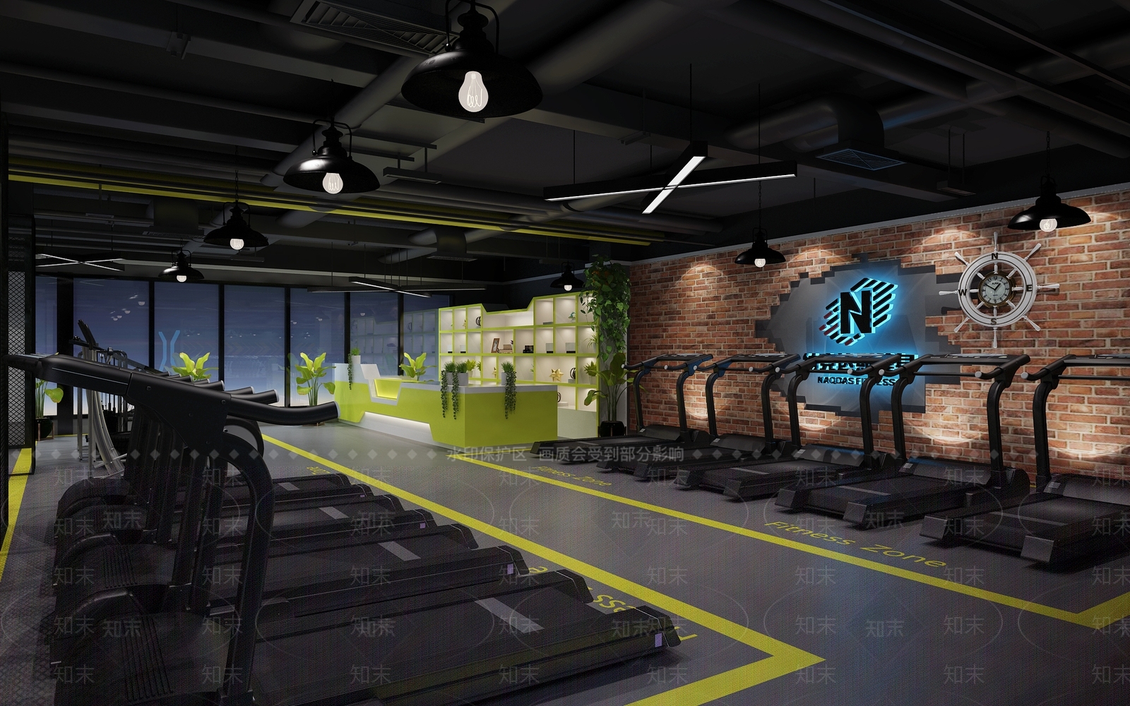 工业风健身房拳击馆跑步机前台3D模型下载【ID:941425606】