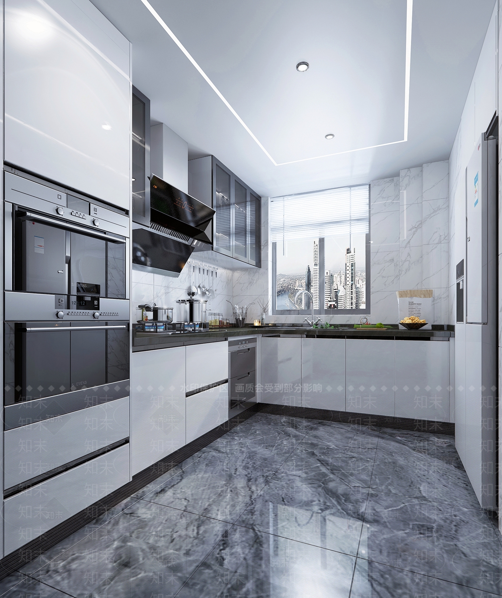 现代白色烤漆厨房橱柜3D模型下载【ID:741434315】