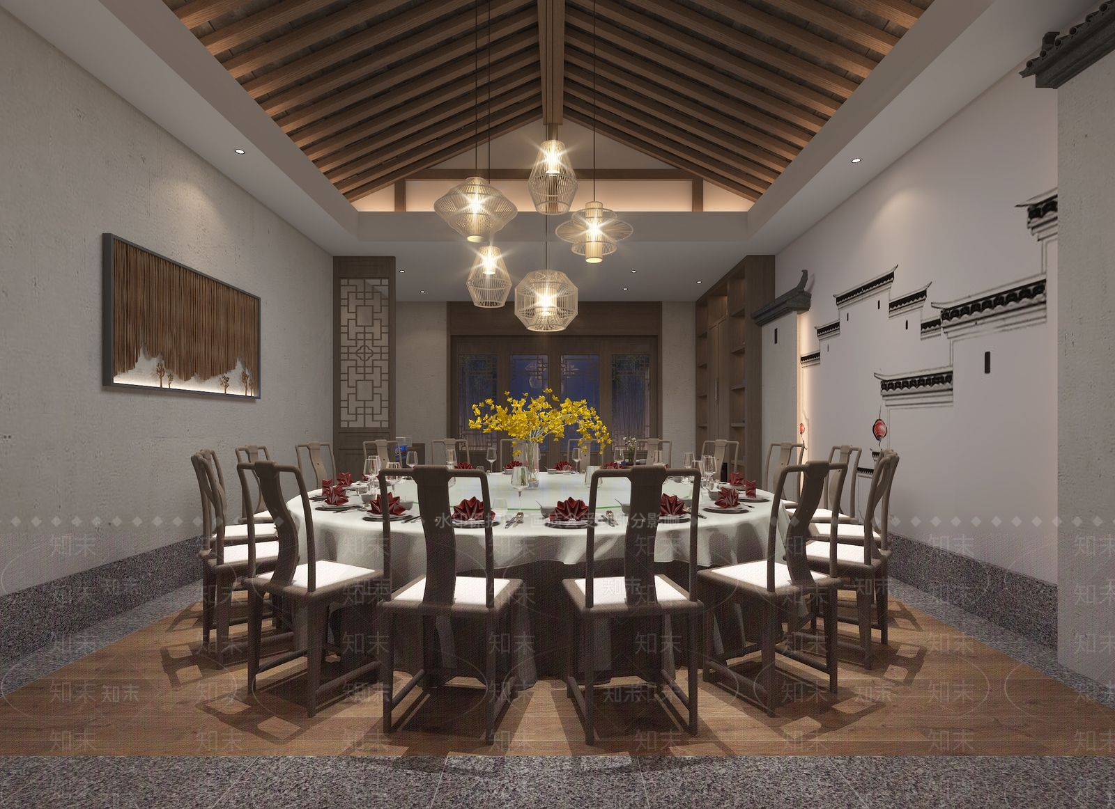 中式餐厅包厢包房餐桌3D模型下载【ID:341477648】