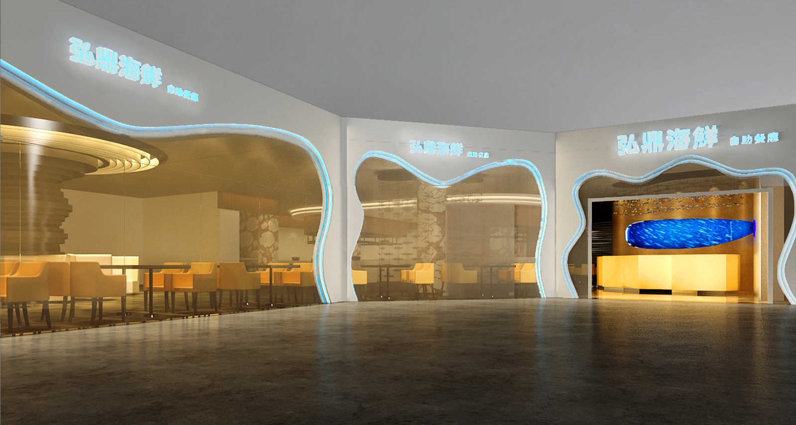 现代商场餐饮空间案例（施工图+效果图）cad施工图下载【ID:641493784】