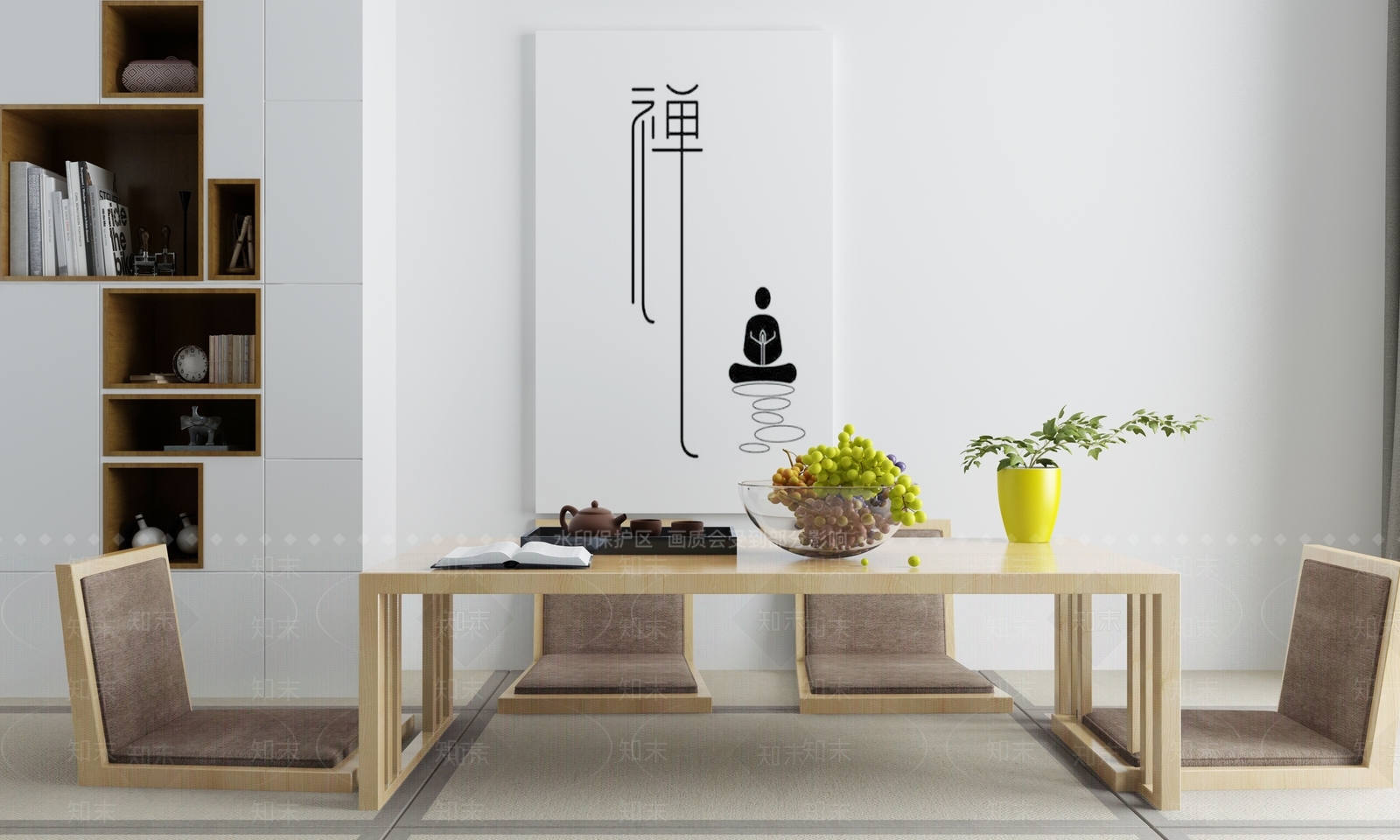 新中式日式休闲榻榻米泡茶座椅组合禅意空间茶柜3D模型下载【ID:141495946】