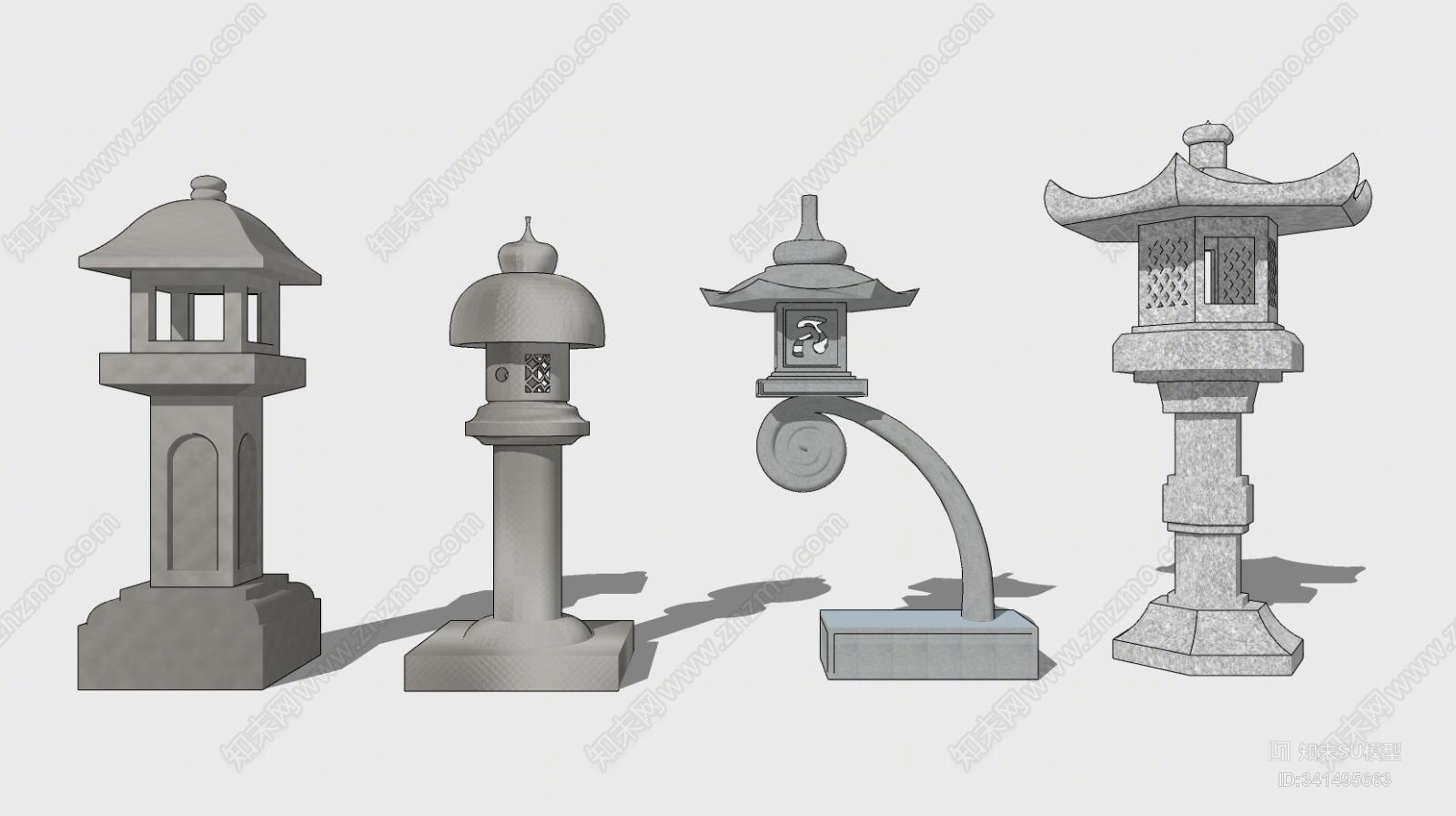 仿古中式日式庭院景观石灯笼草坪灯灯柱SU模型下载【ID:341495663】