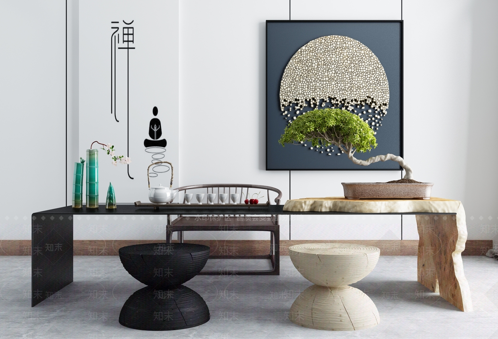 新中式茶室书房样板间品茶区3D模型下载【ID:141498909】