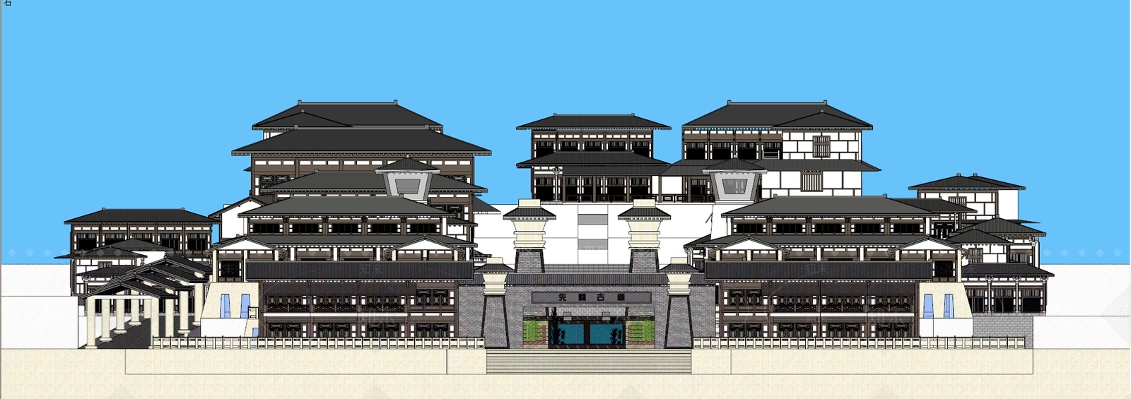 中式秦汉风格建筑群SU模型下载【ID:841509676】