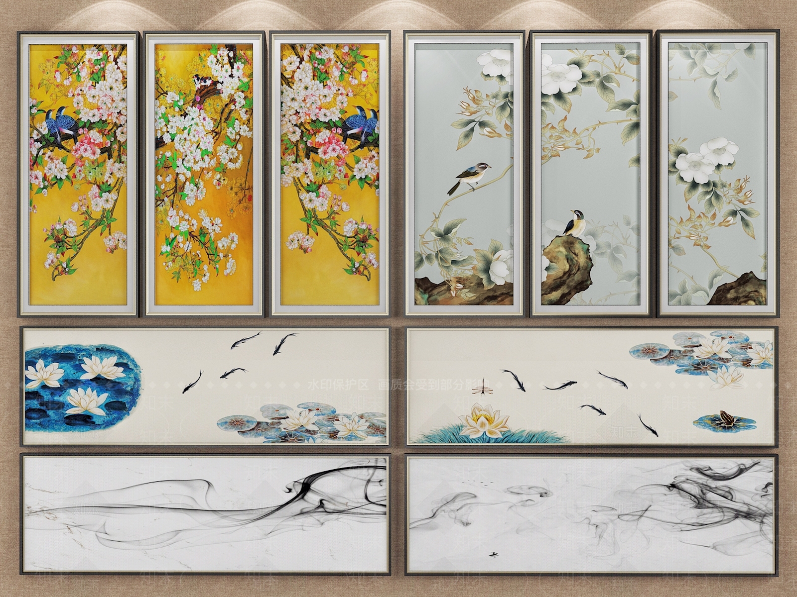 新中式花鸟鱼塘山水挂画墙画装饰画组合3D模型下载【ID:141510089】