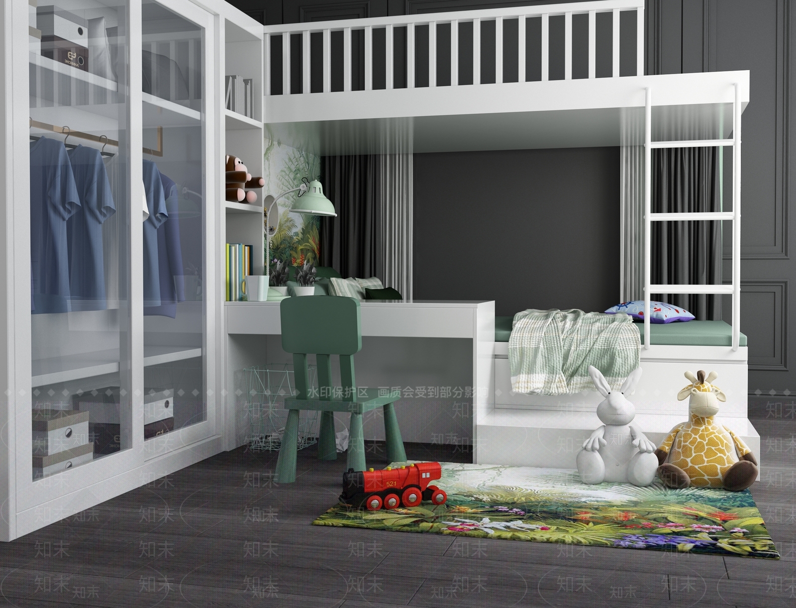 现代实木上下铺儿童床卧室衣柜写字桌组合3D模型下载【ID:141514288】