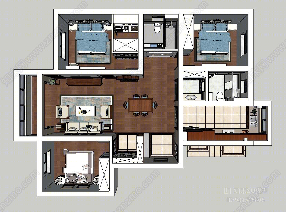 新中式实木三室两厅室内装修SU模型下载【ID:941515805】