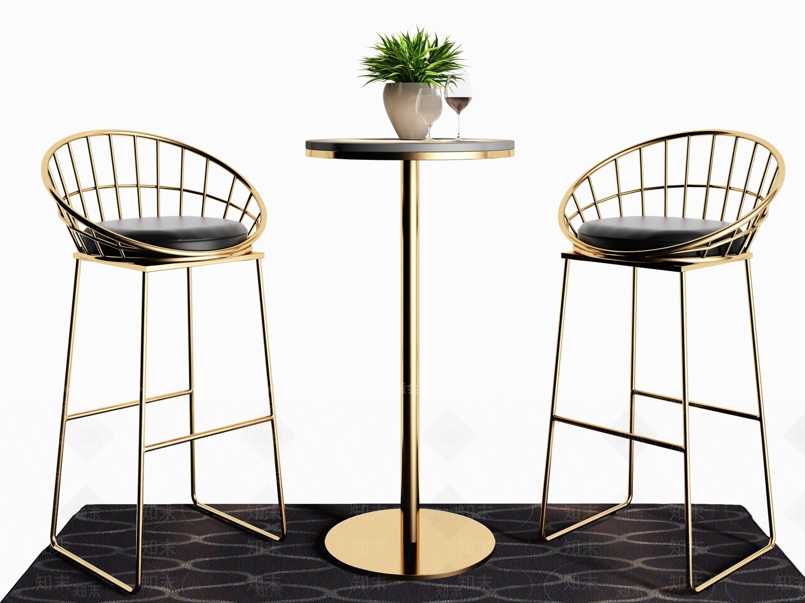 北欧金属吧台椅子摆件组合3D模型下载【ID:341523128】