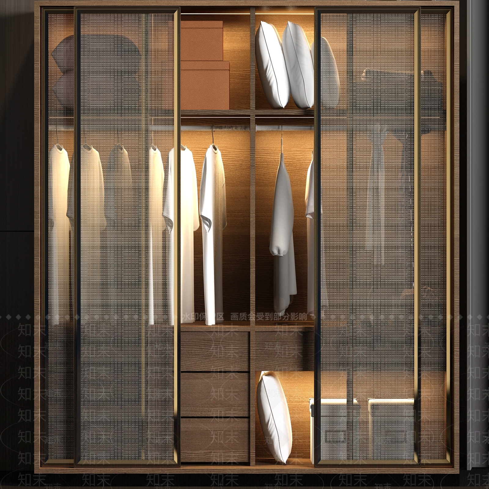 现代实木衣帽间玻璃衣柜衣服饰品组合3D模型下载【ID:941539941】