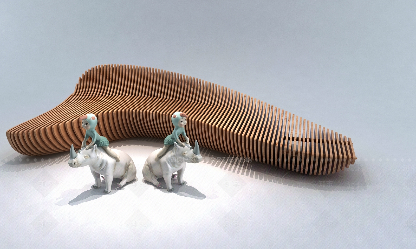 现代木艺异形椅子公共区域沙发卡座犀牛3D模型下载【ID:941543625】