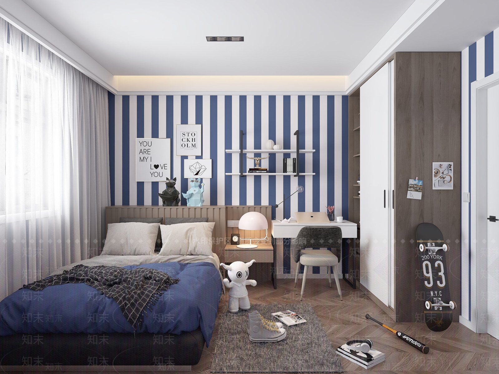 现代儿童房男孩房卧室样板间双人床衣柜玩具书桌滑板地毯3D模型下载【ID:441544559】