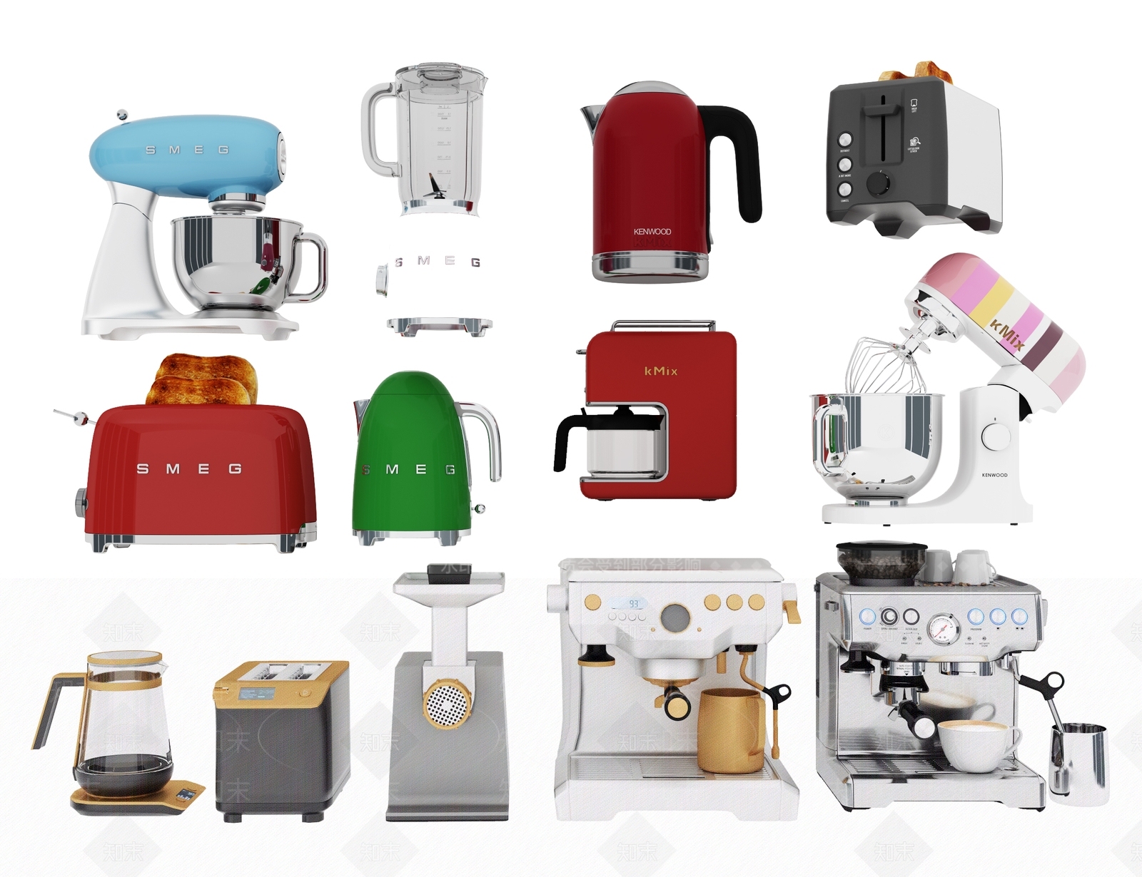 现代咖啡机家用电器开水壶面包机榨汁机组合3D模型下载【ID:941551122】