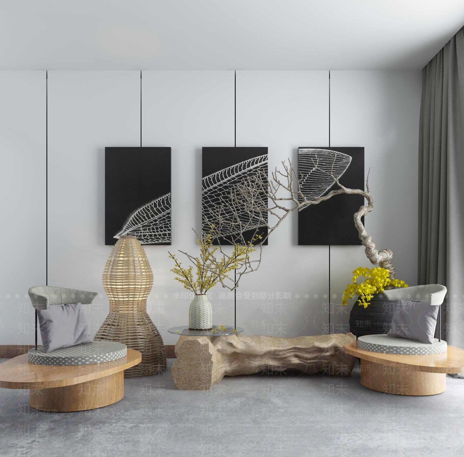 新中式实木根雕茶几景观小品3D模型下载【ID:341555362】