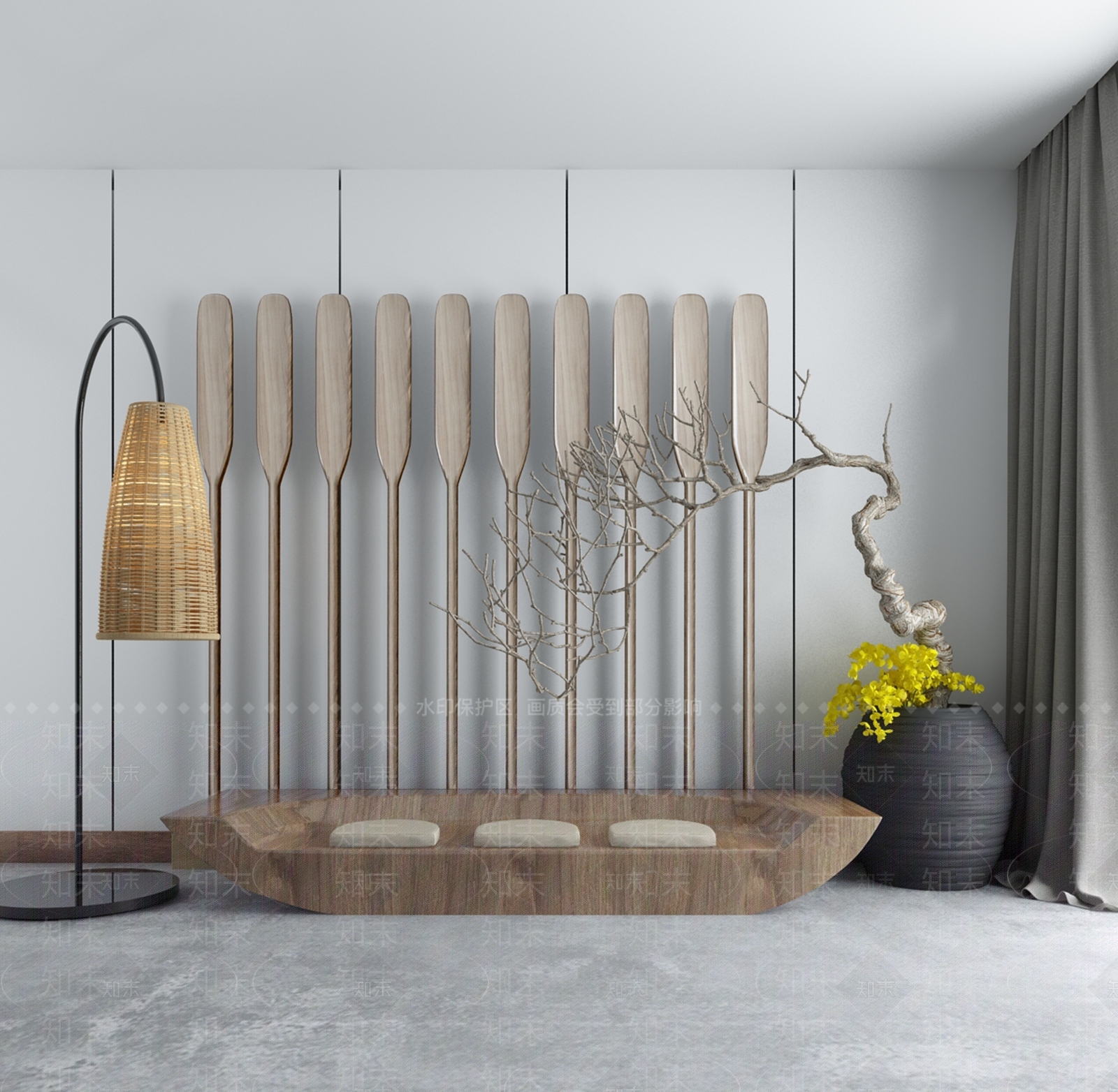 新中式实木沙发船桨3D模型下载【ID:341555368】