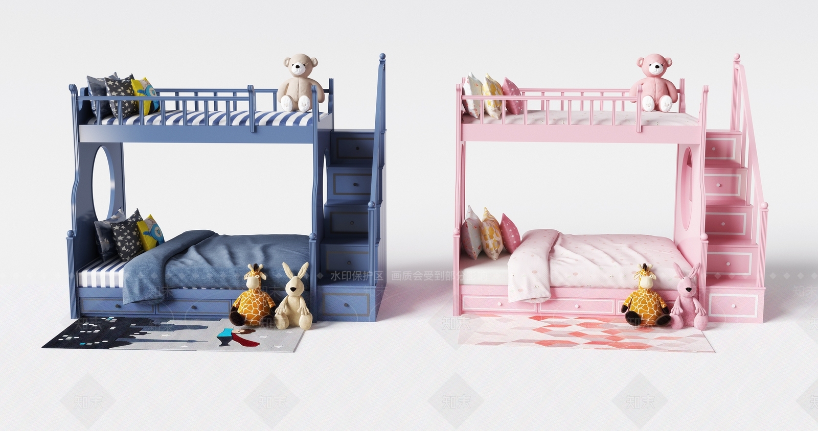 现代儿童高低床组合3D模型下载【ID:741557101】