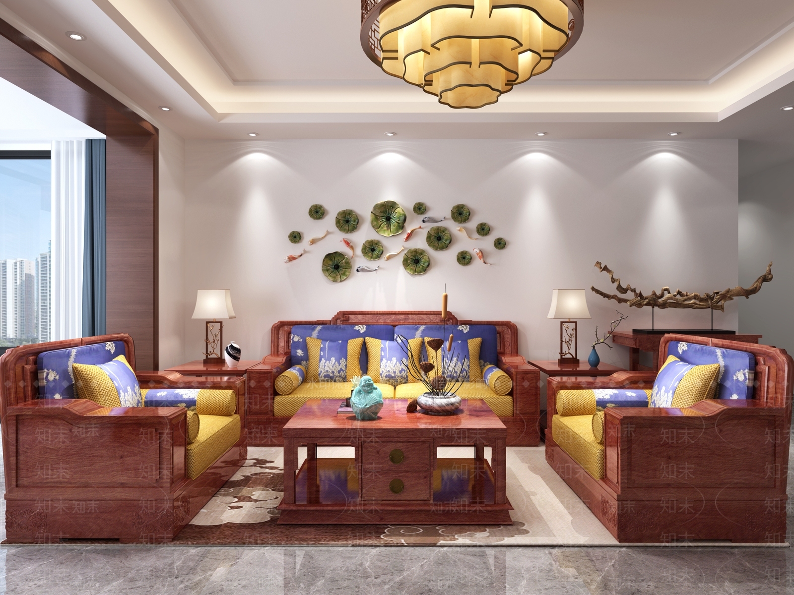 中式客厅沙发背景墙沙发茶几边柜组合3D模型下载【ID:141577011】