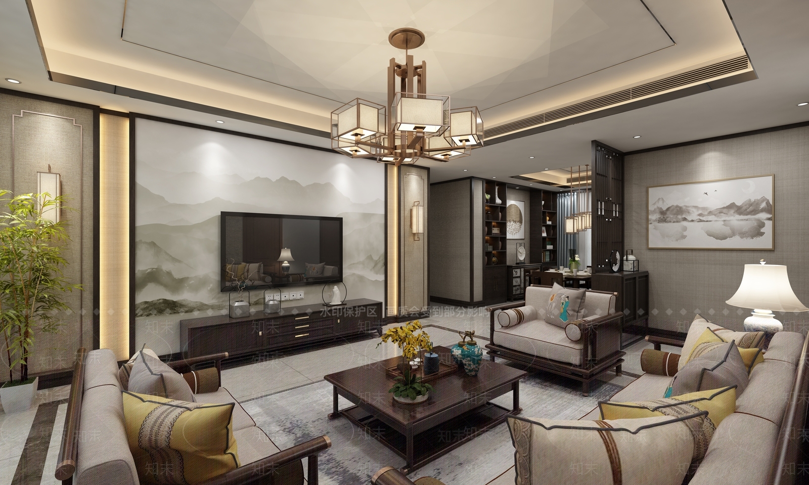 新中式丰城莲溪阁样板房B户型客厅卧室3D模型下载【ID:841614169】