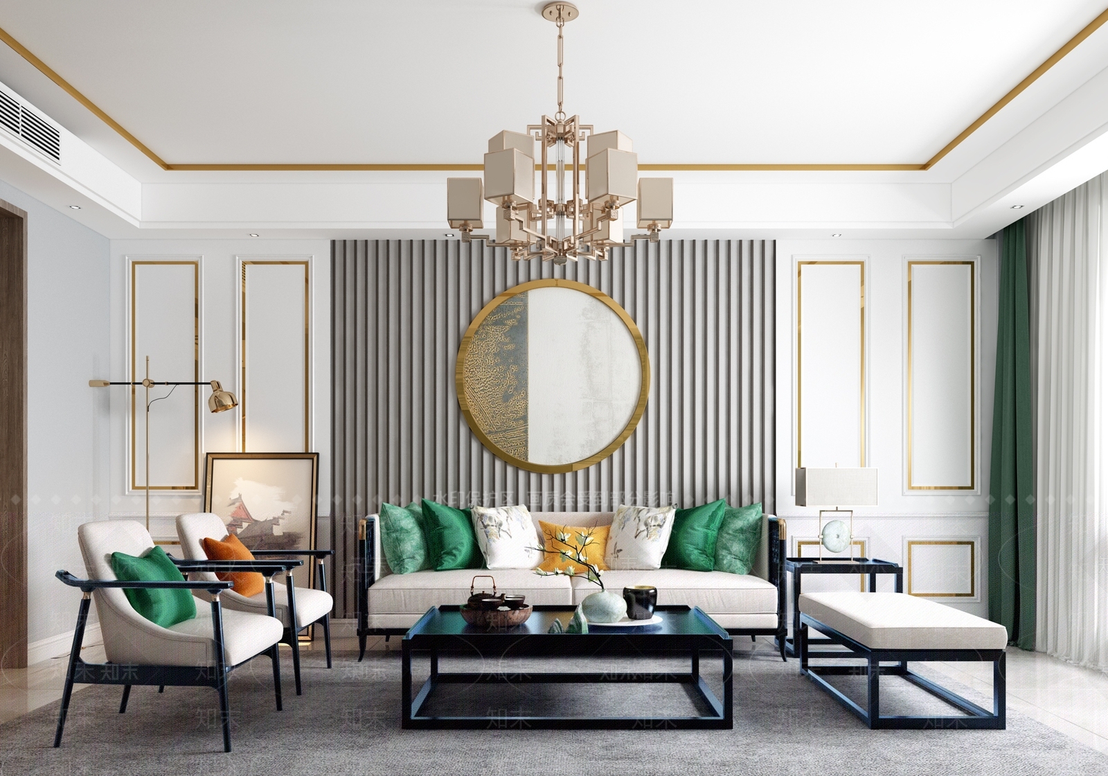 新中式轻奢客厅沙发茶几组合3D模型下载【ID:741616761】