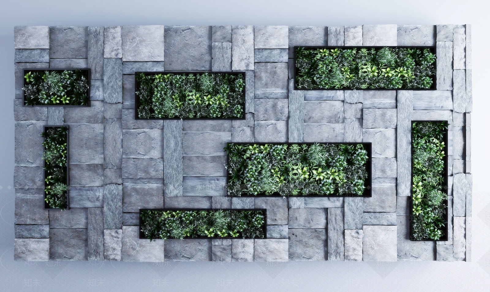 现代毛石绿植背景墙3D模型下载【ID:441623252】