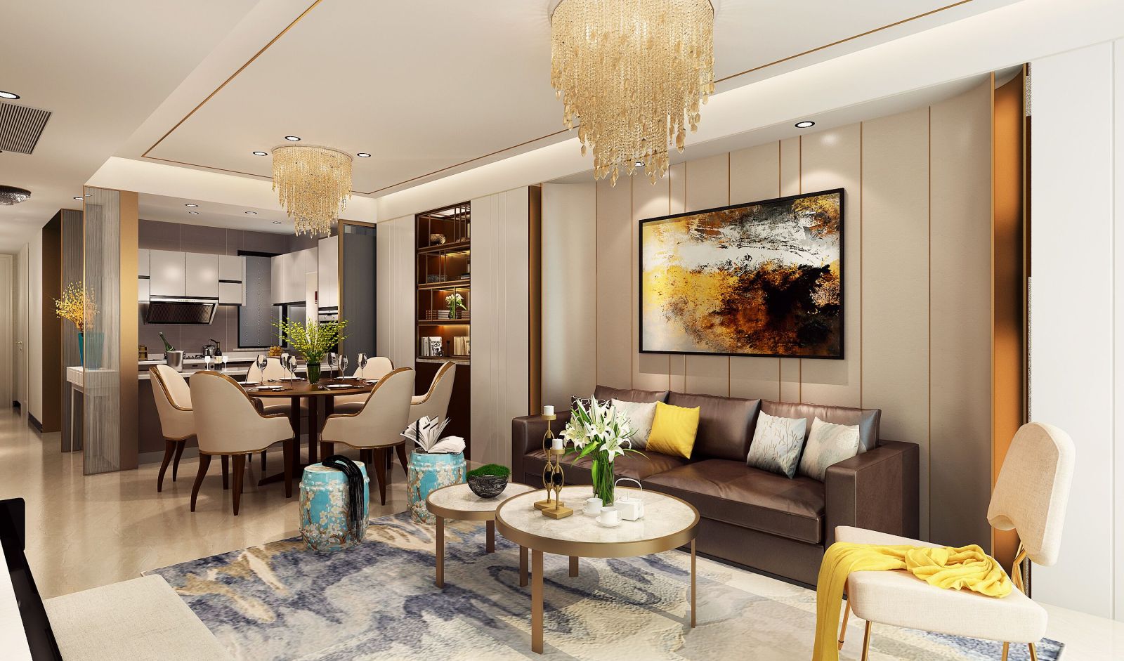 轻奢风格平层住宅效果图+施工图施工图下载【ID:542569619】