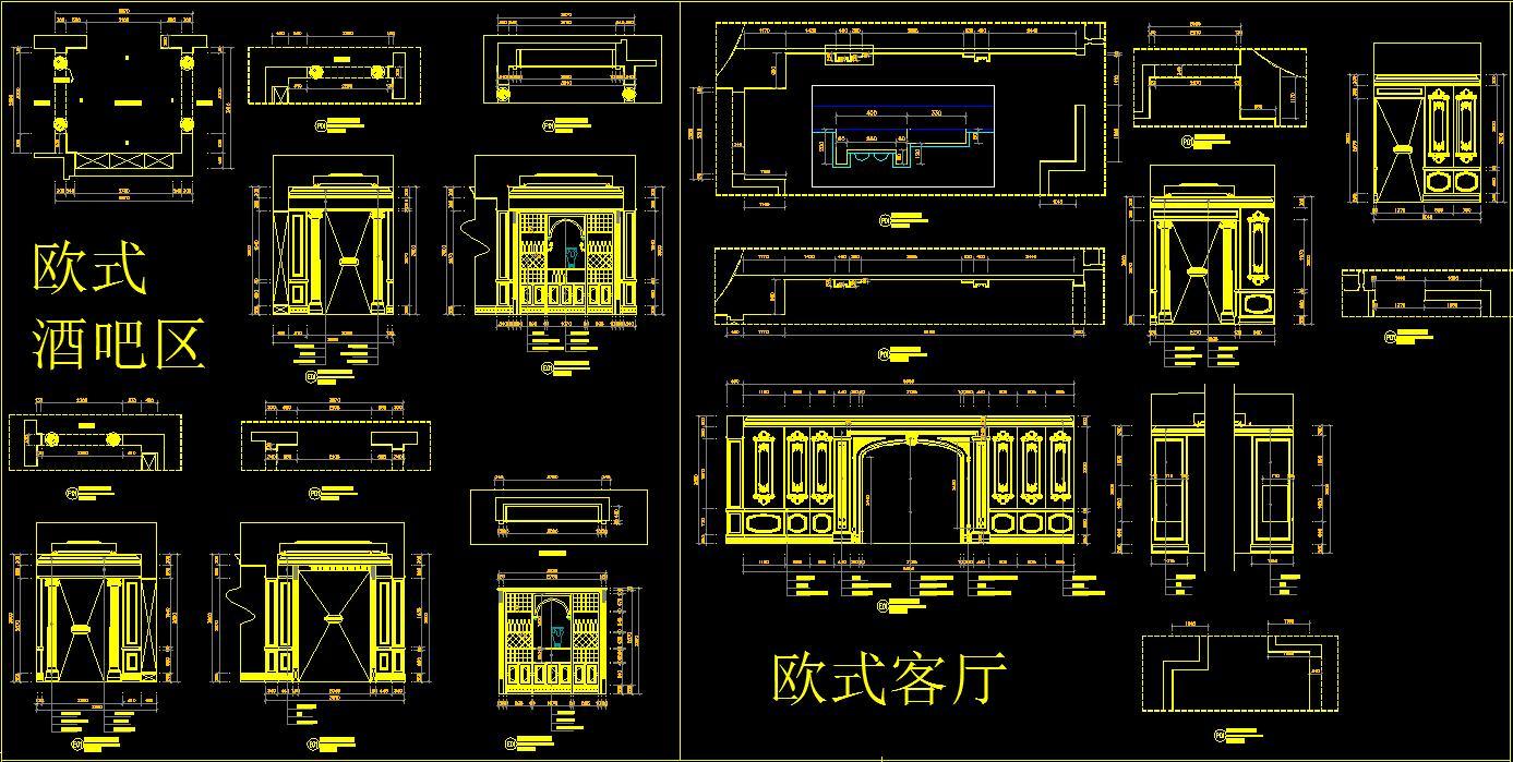 HBA-奢华欧式家装墙板吊顶背景墙cad施工图下载【ID:246171194】