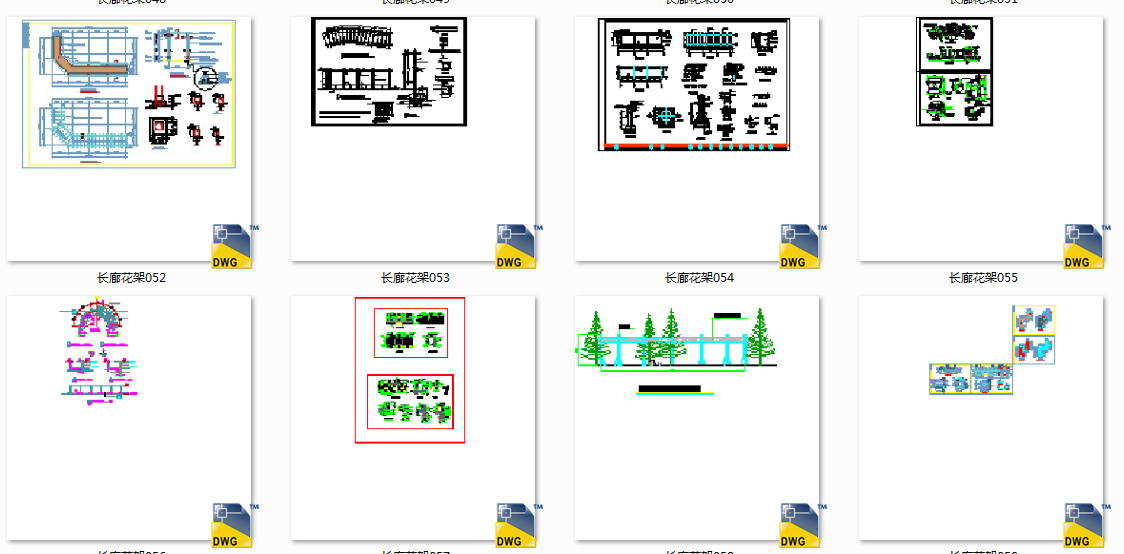 多种风格长廊花架施工图cad施工图下载【ID:347278671】