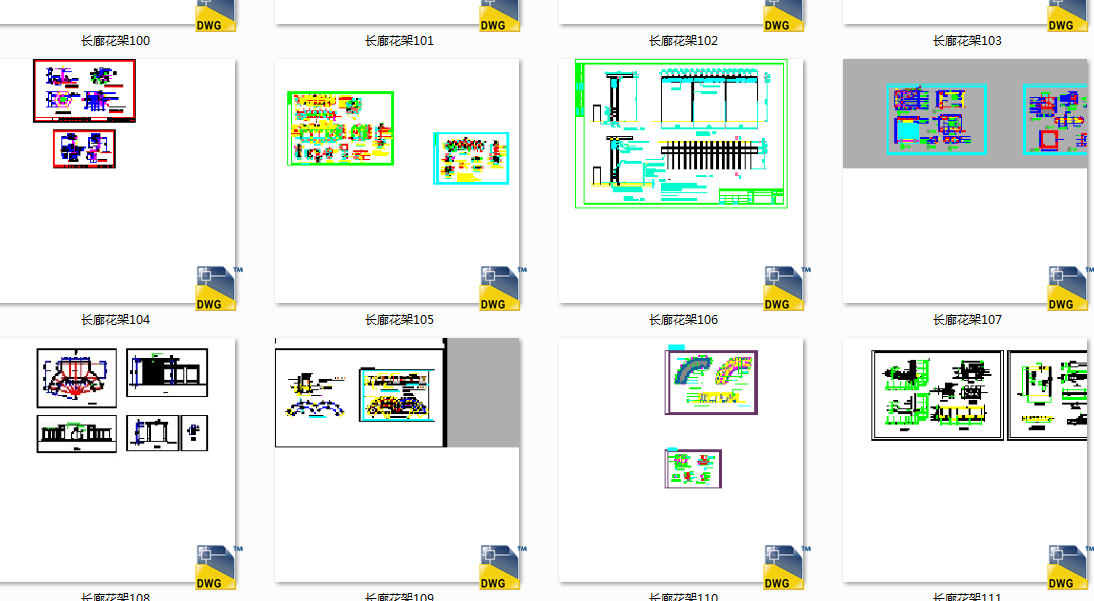 多种风格长廊花架施工图cad施工图下载【ID:347278671】