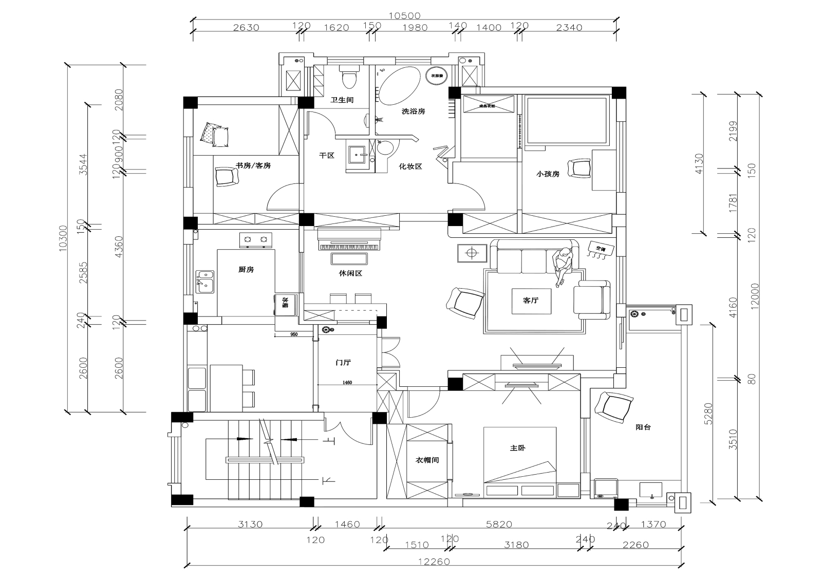 三居室田园风格住宅装修cad施工图下载【ID:547974538】