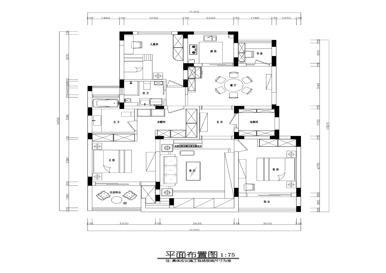 美式风格三居室住宅装修cad施工图下载【ID:548391508】