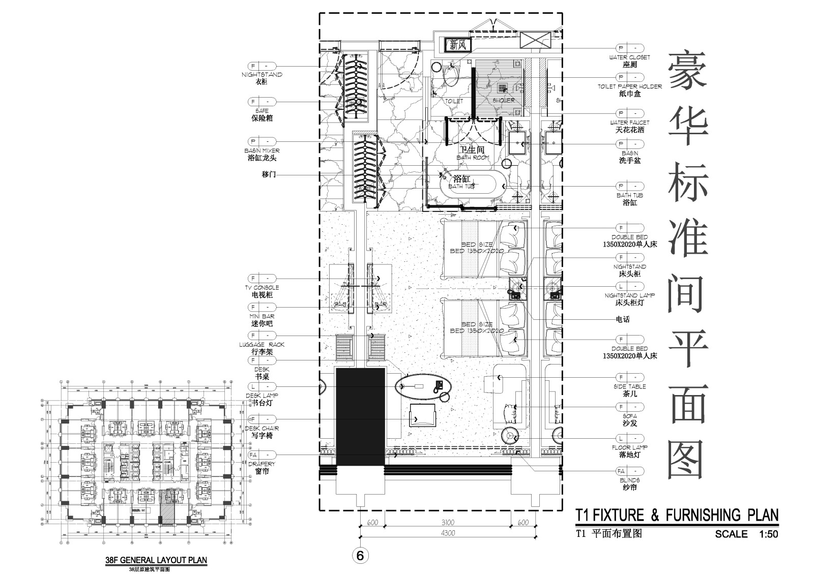 豪华标准间平面施工图cad施工图下载【ID:649129639】